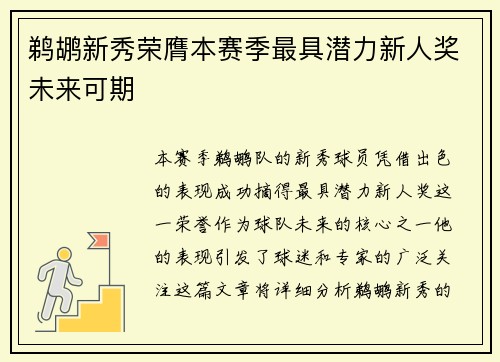 鹈鹕新秀荣膺本赛季最具潜力新人奖未来可期